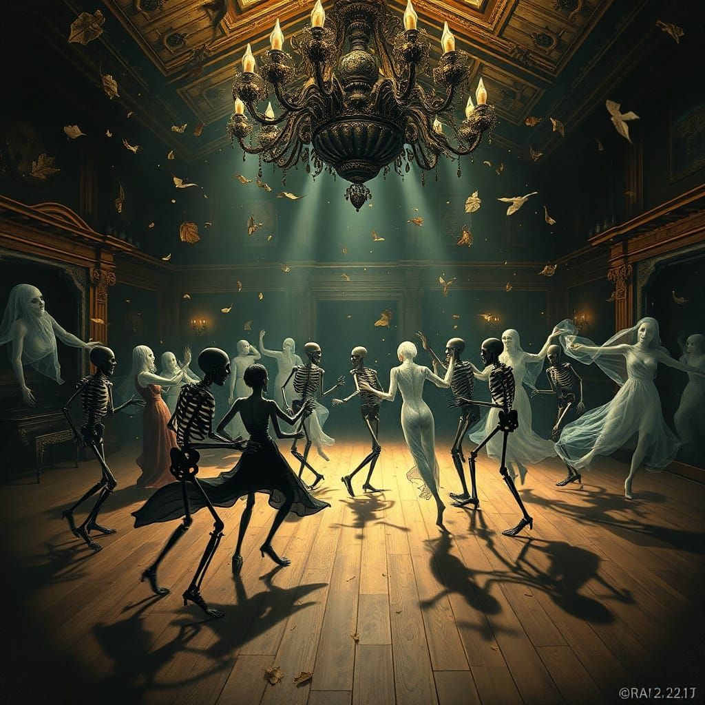 Haunted New Year's Eve Dance Floor with Skeletal Figures