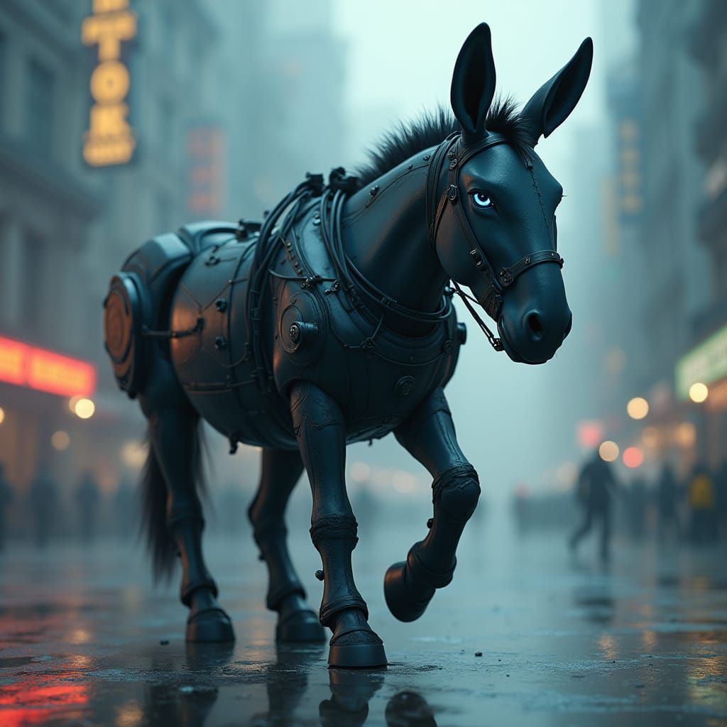 Cyberpunk Donkey Navigates Futuristic Woodland