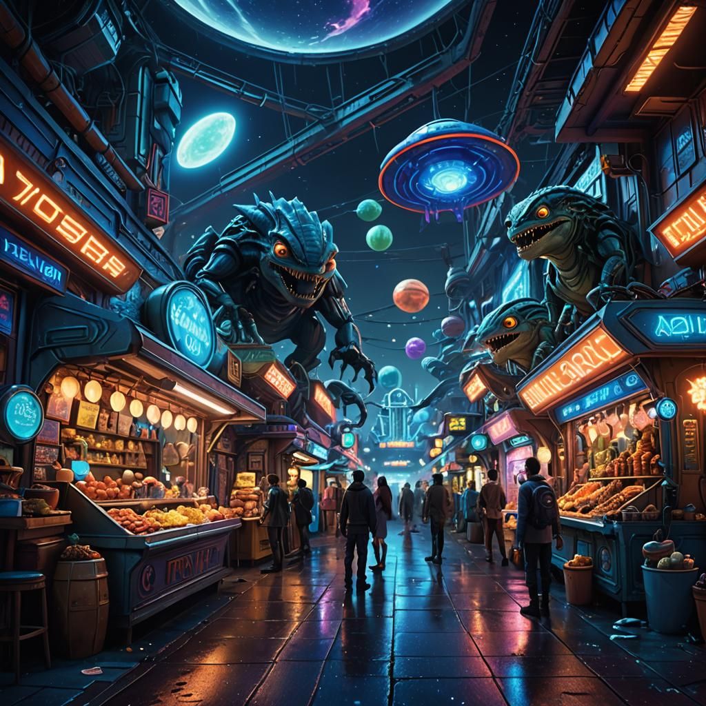 Vibrant Intergalactic Bazaar Under Starry Sky in Cyberpunk S...