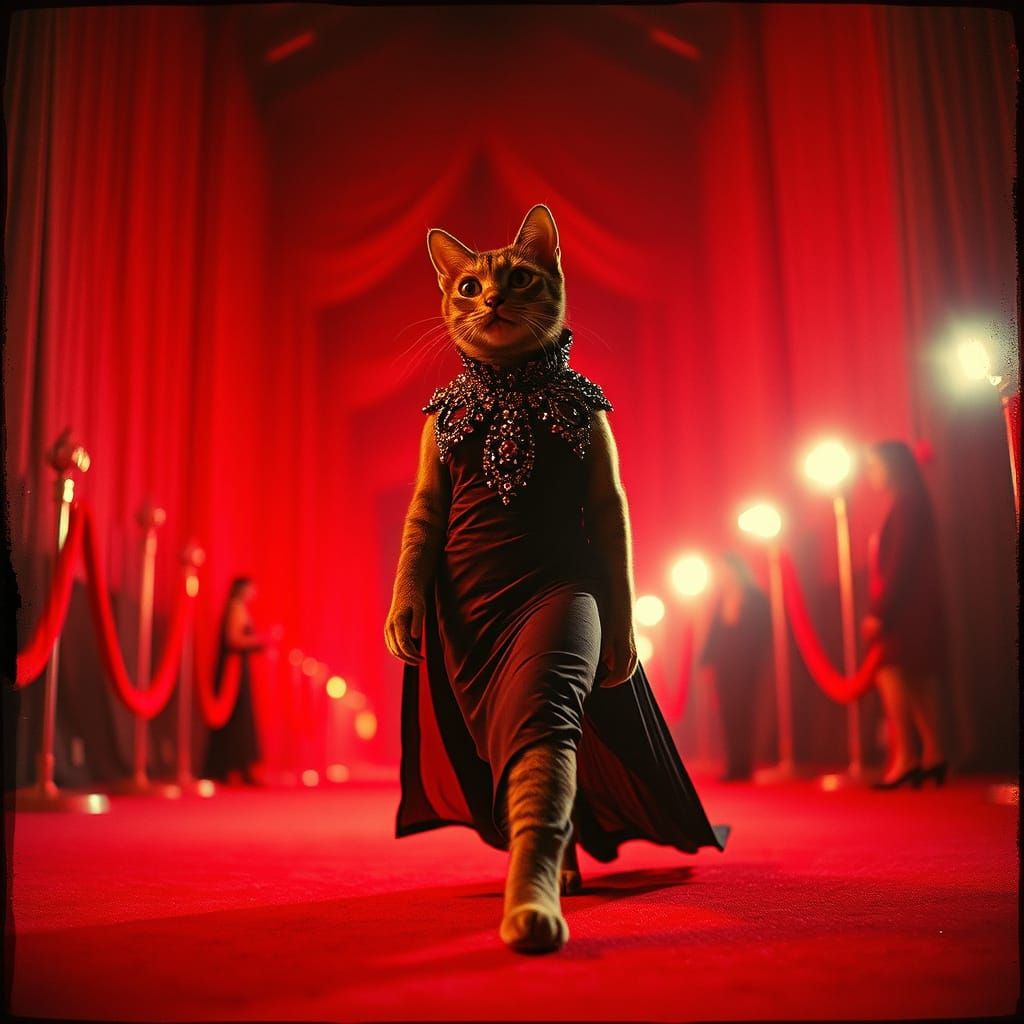 Ethereal Cat in Glamorous, Surreal Red Carpet Scene