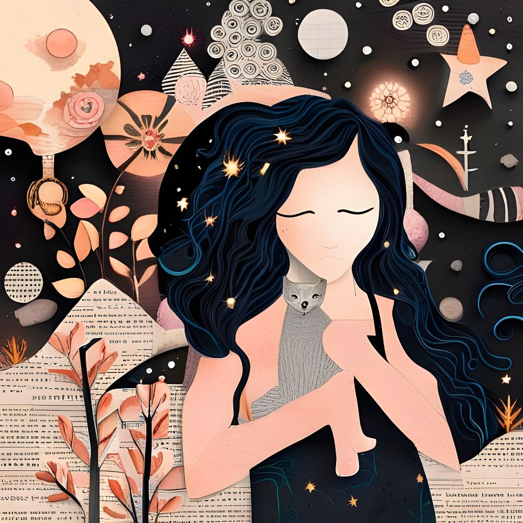 Girl, Cat, and Night Sky in Mixed Media Art