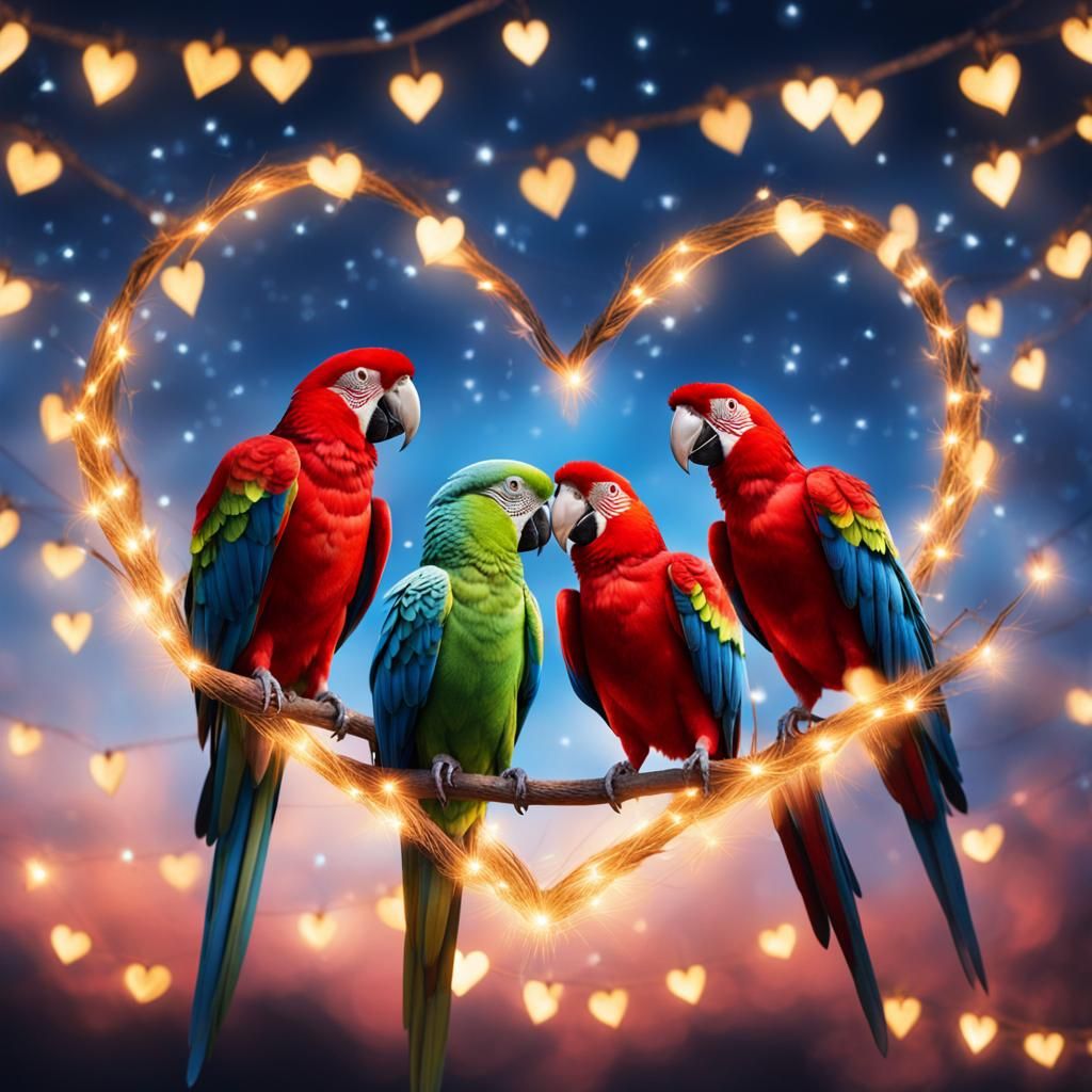 A heart in the sky consists of parrots standing in a row in ...
