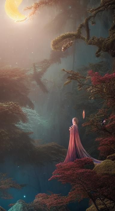 Wizard Druid Casting Magic in Surreal Forest