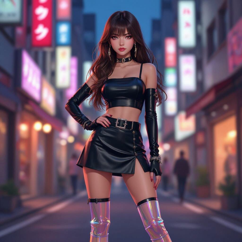 Anime Character Rin Shibuya in Neon Shibuya Alley at Sunset