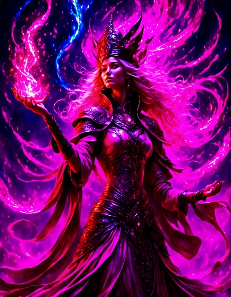 Mysterious Woman Mage Casting a Spell as Oil Painting