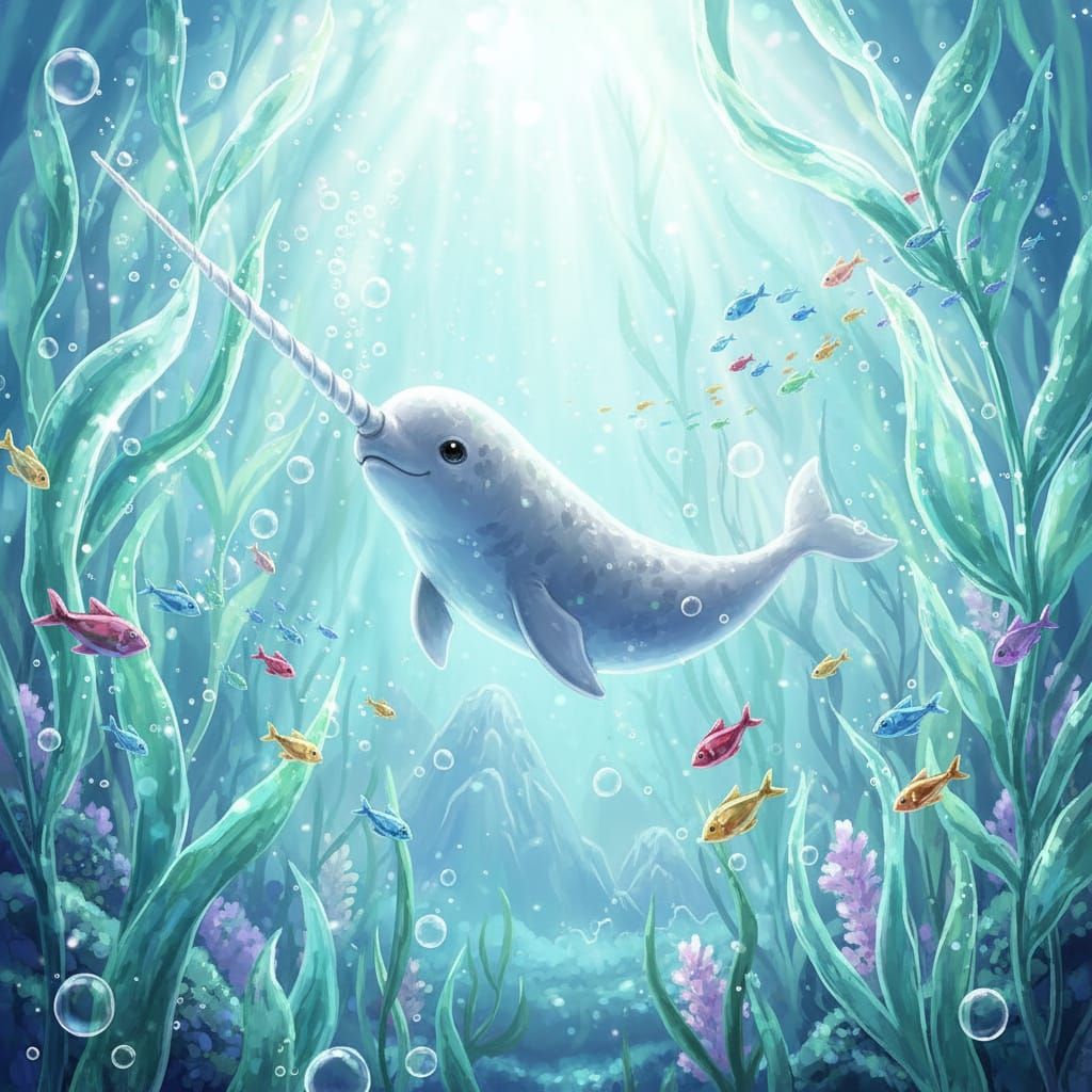 Baby Narwhal in Glass Kelp Forest Anime Style