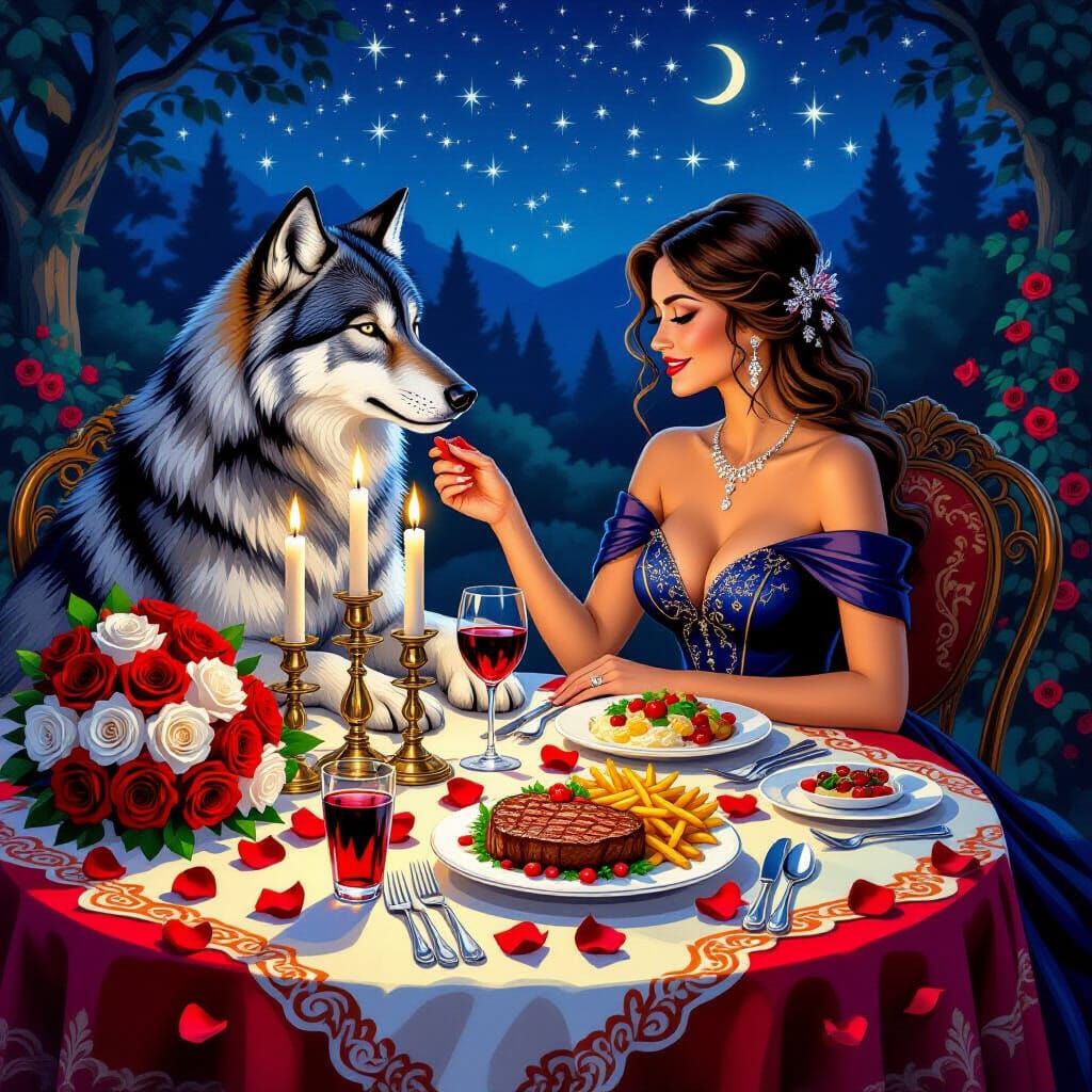 Romantic Dinner Puzzle Scene with Woman and Wolf