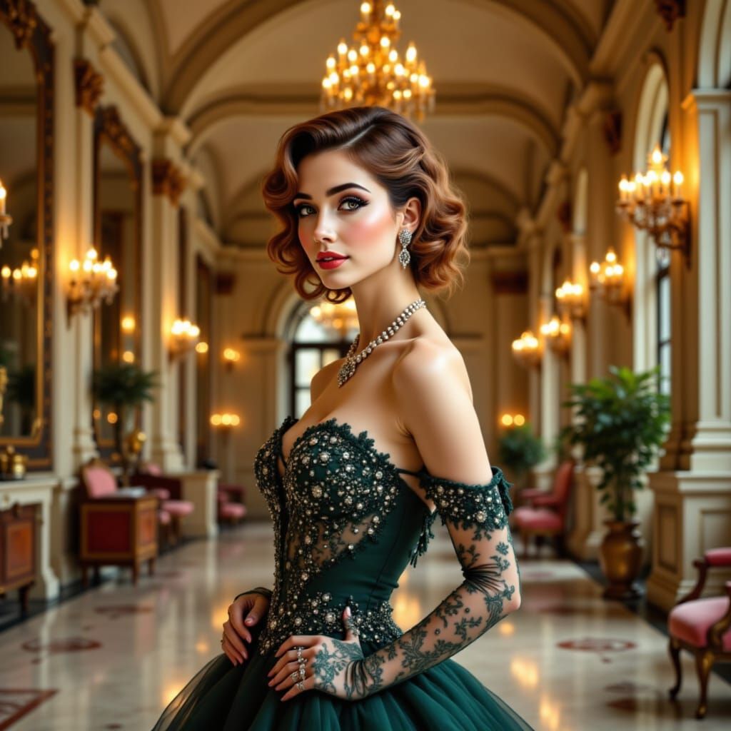 Elegant Woman in Opulent Ballroom