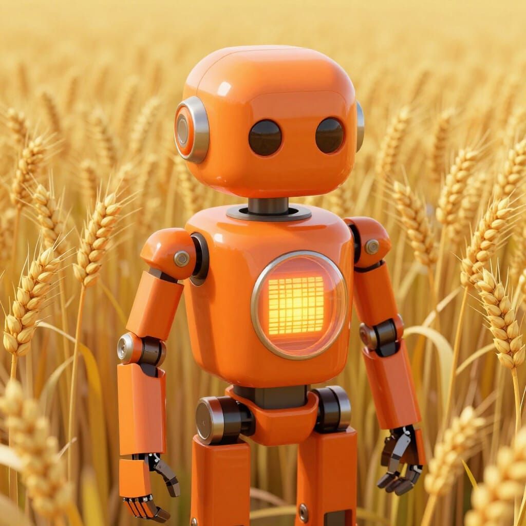 Charming Orange Robot in Wheat Field Retro-Futurism Style
