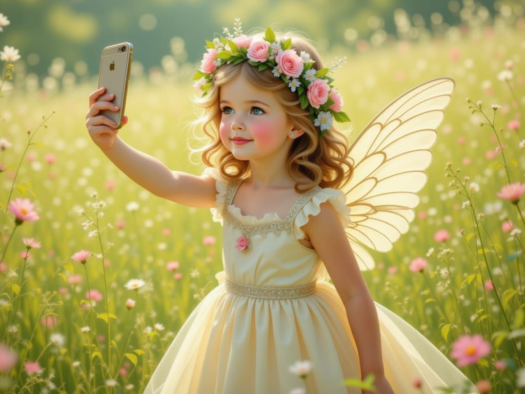 Fairy Girl Takes Selfie in Lush Meadow