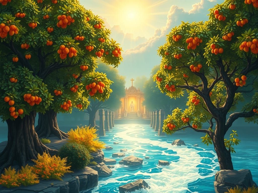 Ethereal City of God with Radiant River and Lush Trees of Li...