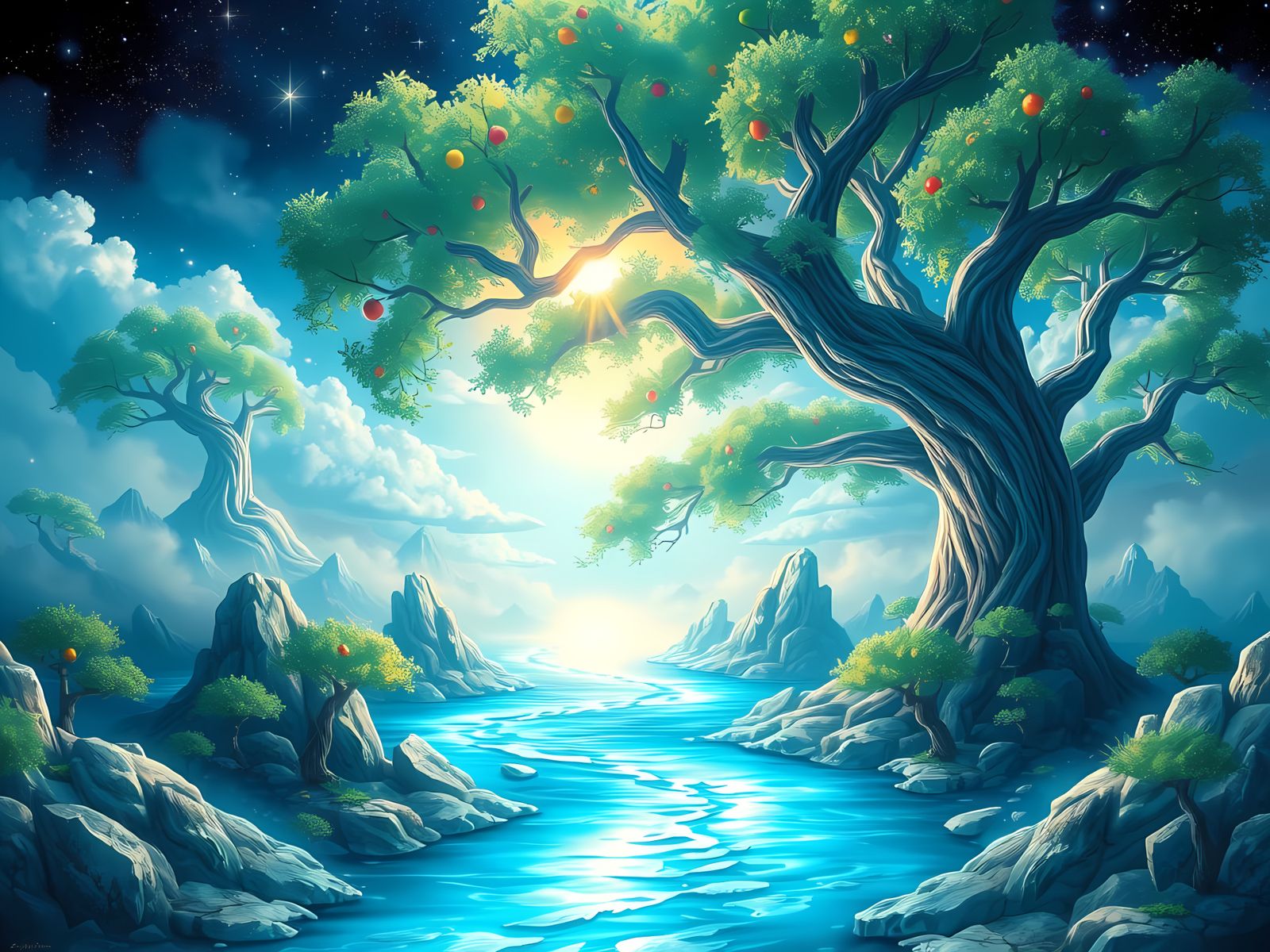 Crystal River City with Majestic Trees of Life in Radiant Li...