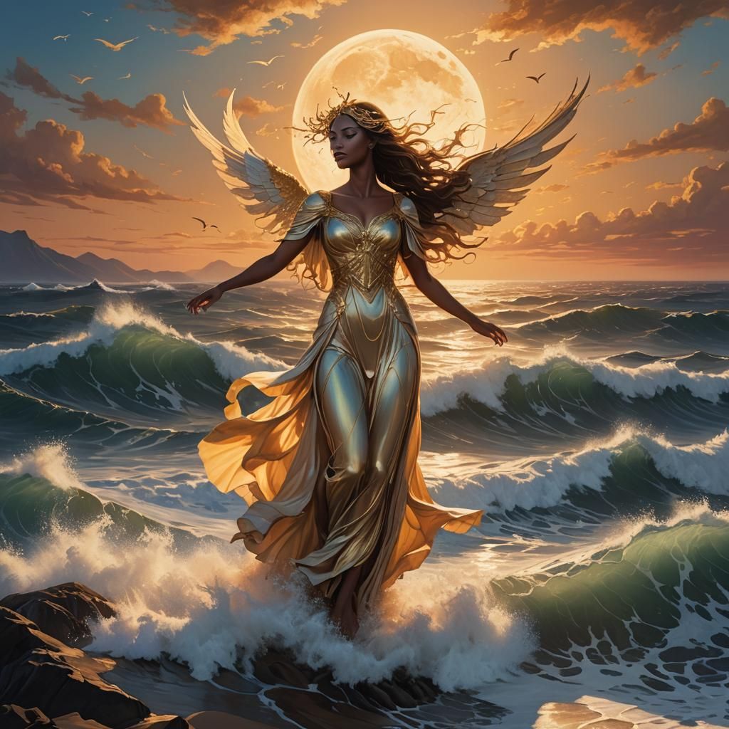 Winged Maiden Soaring to Moon at Sunset