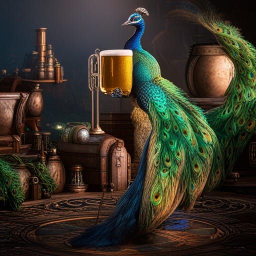 Fantastical Peacock Enjoys a Beer