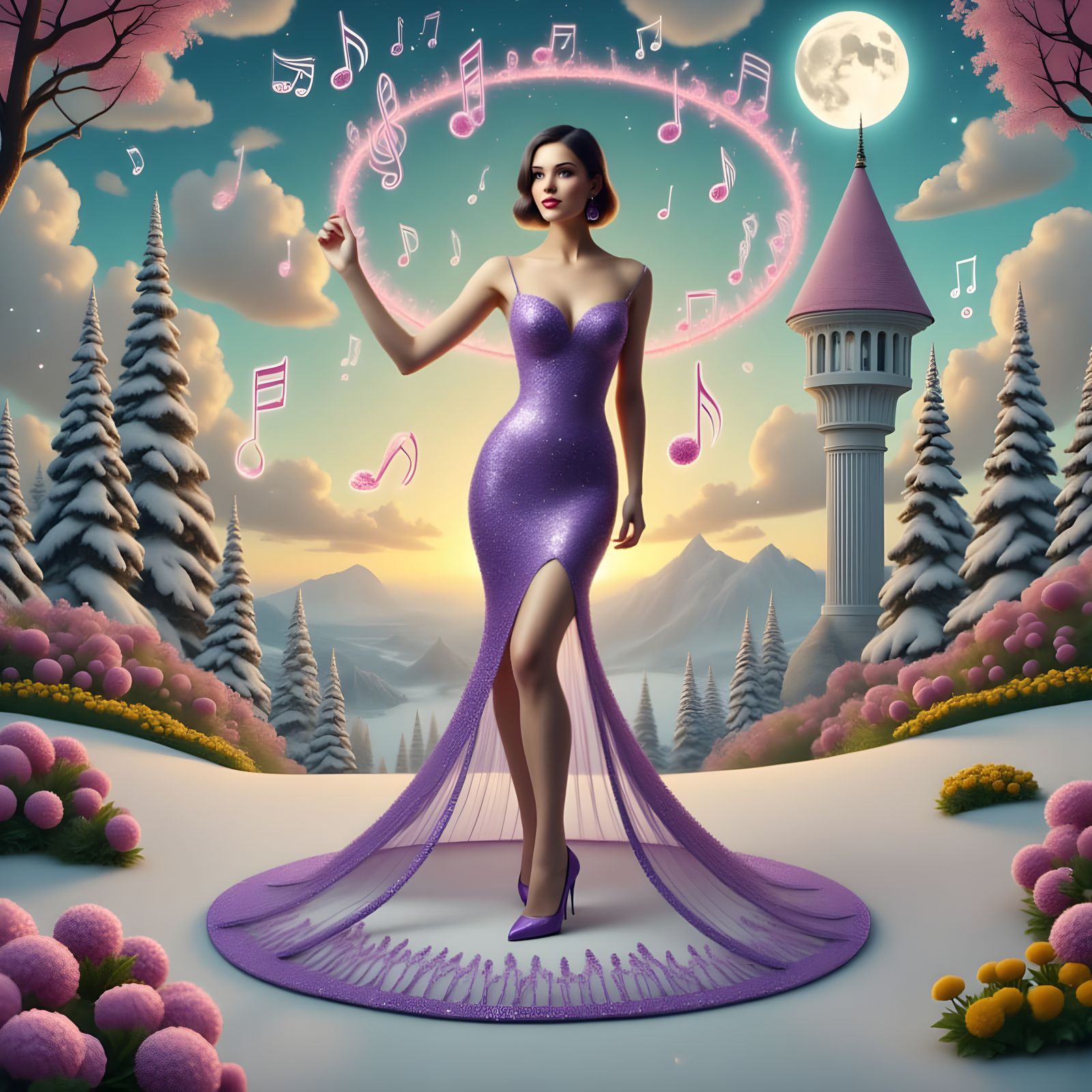 Girl With Purple Plumage Listening to Music