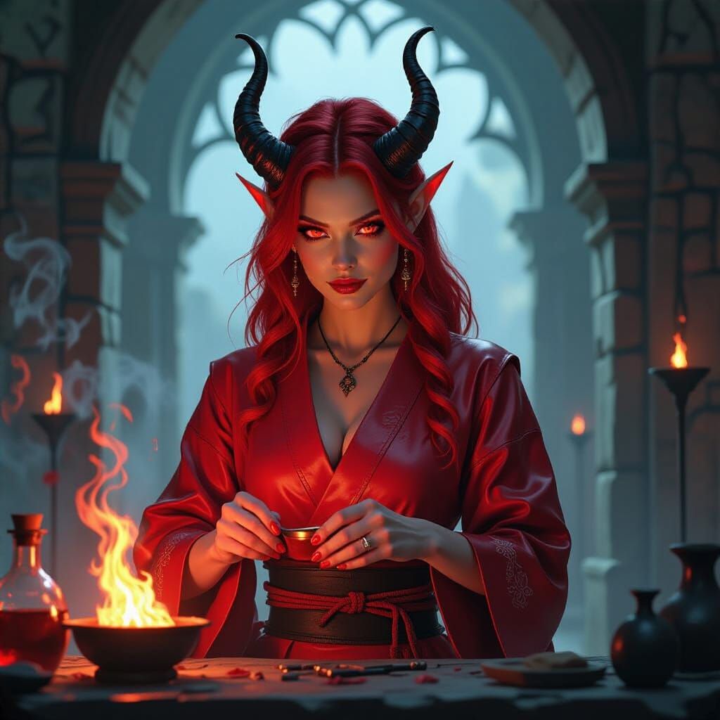 Tiefling Alchemist Mixing Explosive Concoctions