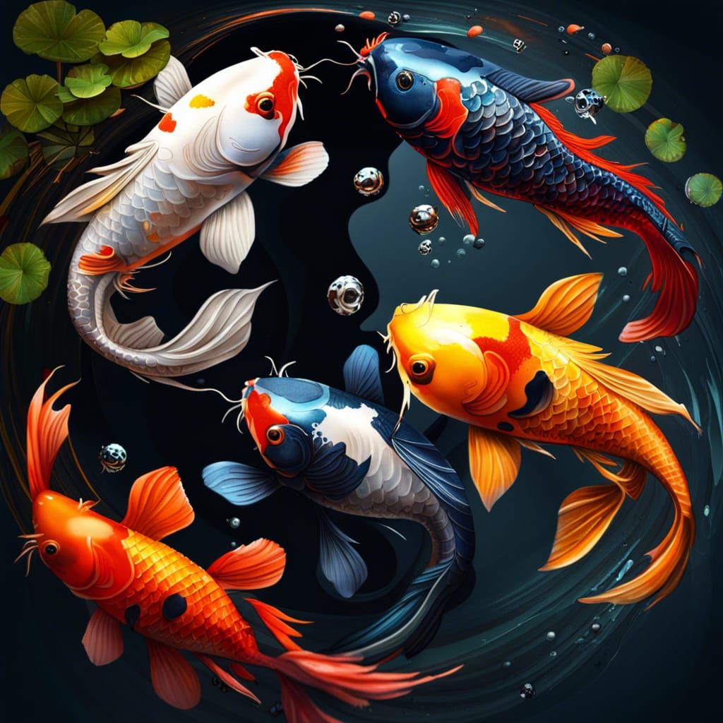 Yin Yang Koi Pond with Insects: Hyperrealistic Splash Art