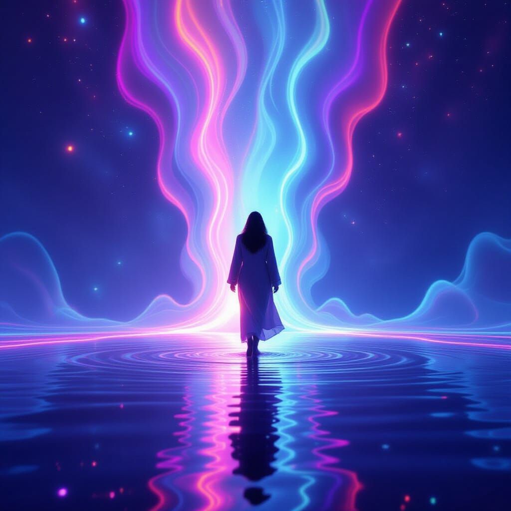 Figure Enters Ethereal Neon Light Mirage