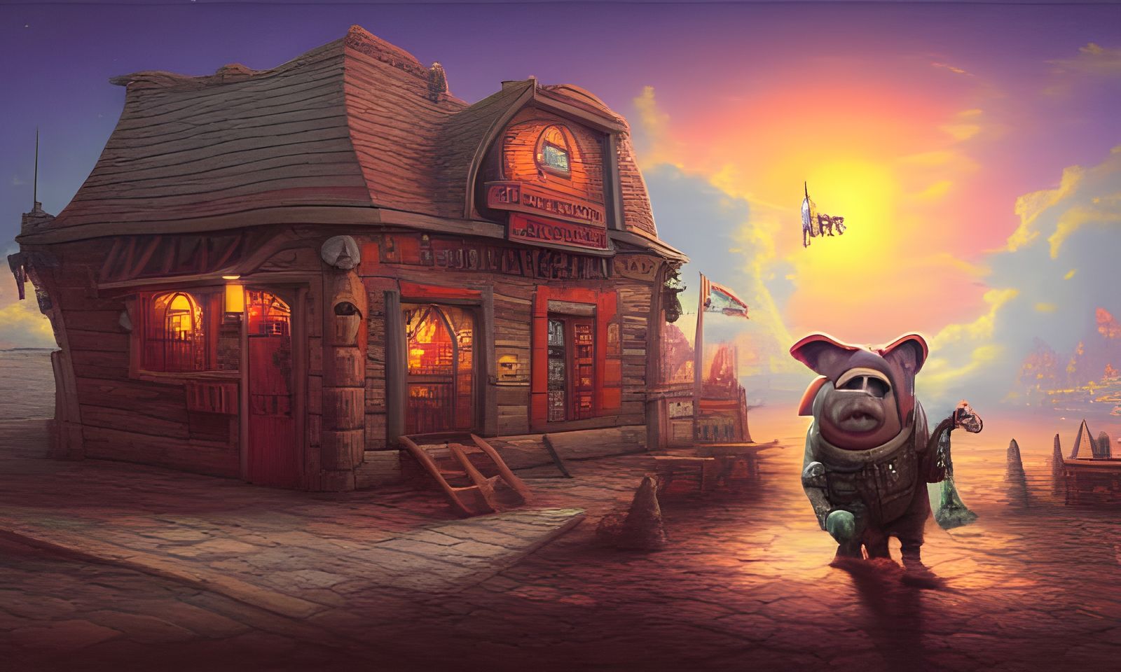 Pirate Pig Tavern in Synthwave Steampunk Style