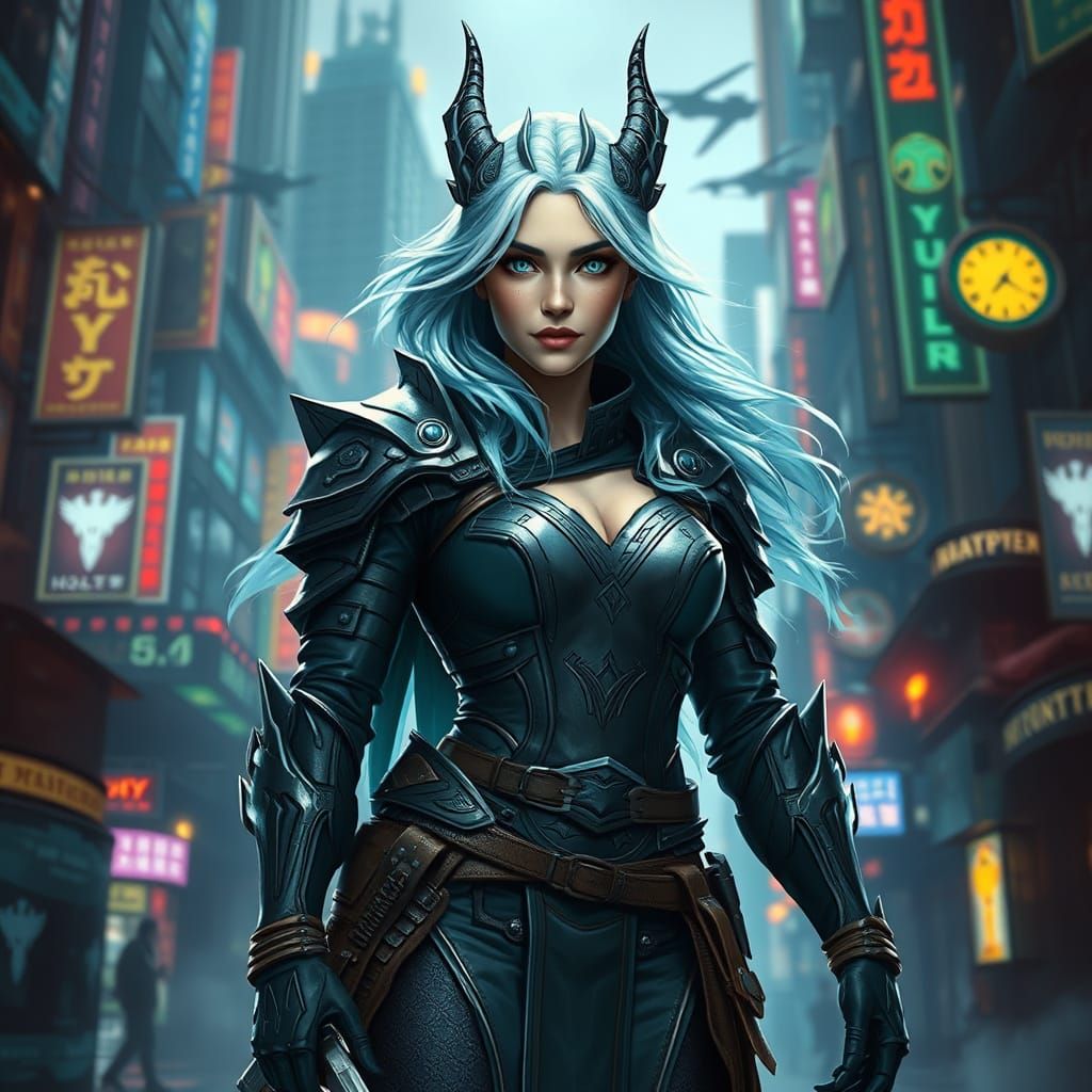 Epic Cyberpunk Fantasy Dragonborn Rogue in Neon-Lit City