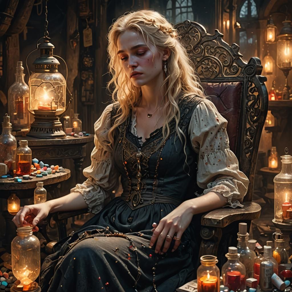 Dark Fantasy: Woman in Ornate Chair with Pills