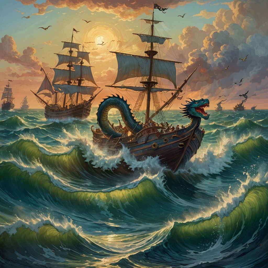 Impressionistic Ocean Dragon Engulfs Pirate Ship in Colorful...