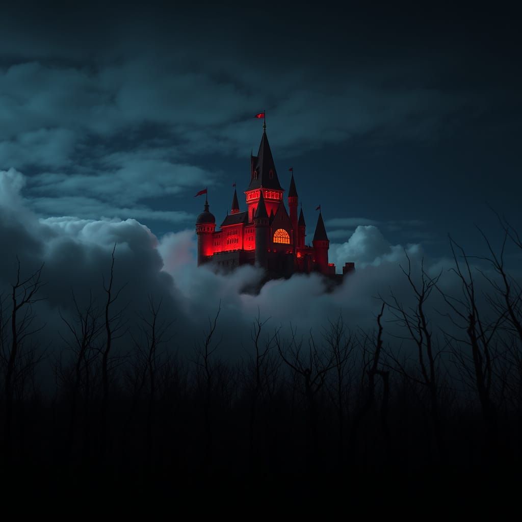 Dark Fantasy Castle Glows Red in Midnight Sky