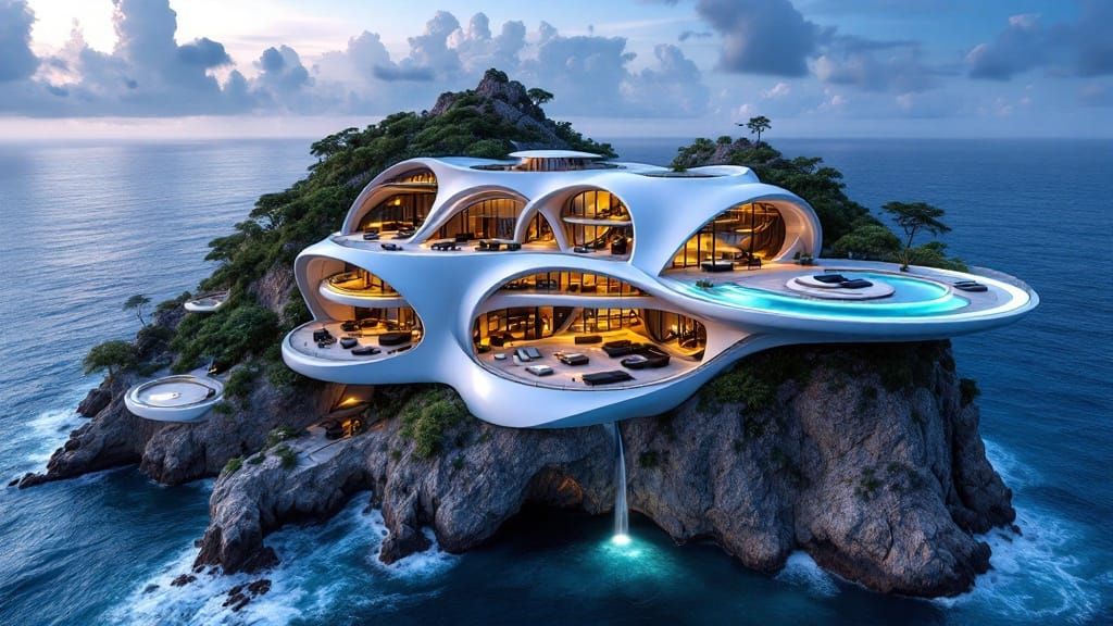 Ethereal Futuristic Villain's Lair on a Private Island