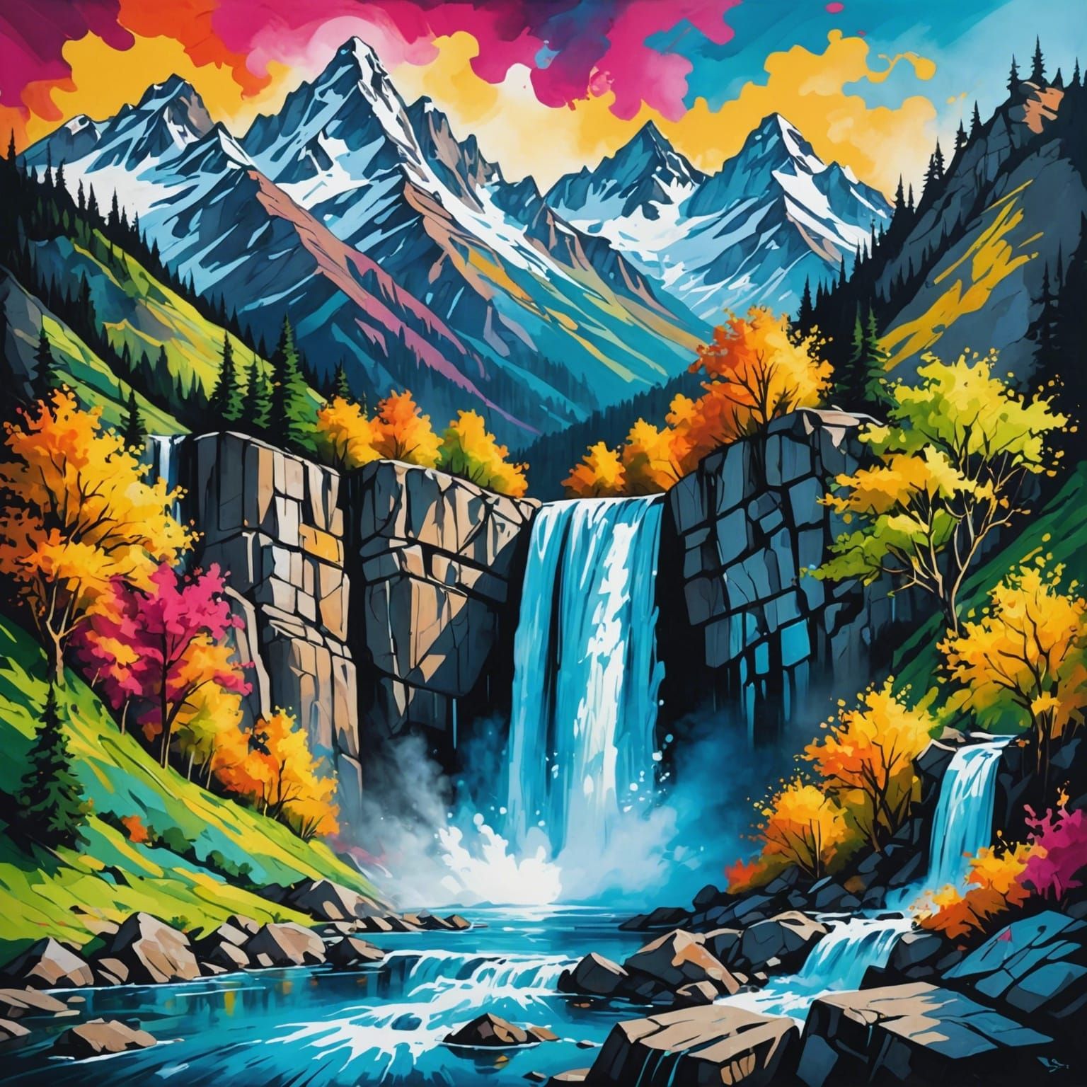Colorful Waterfall and Mountains in Graffiti Art Style