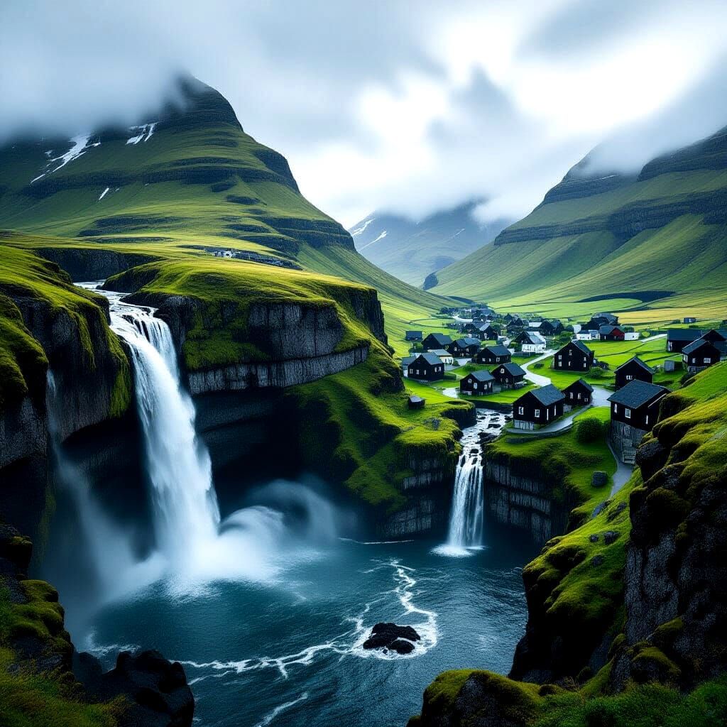Faroe Islands Cliffside Waterfall Village in Photorealistic ...