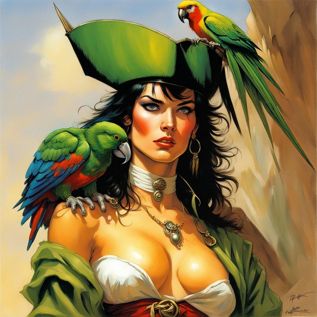 Half-Elf Pirate Girl with Parrot, Comic Art