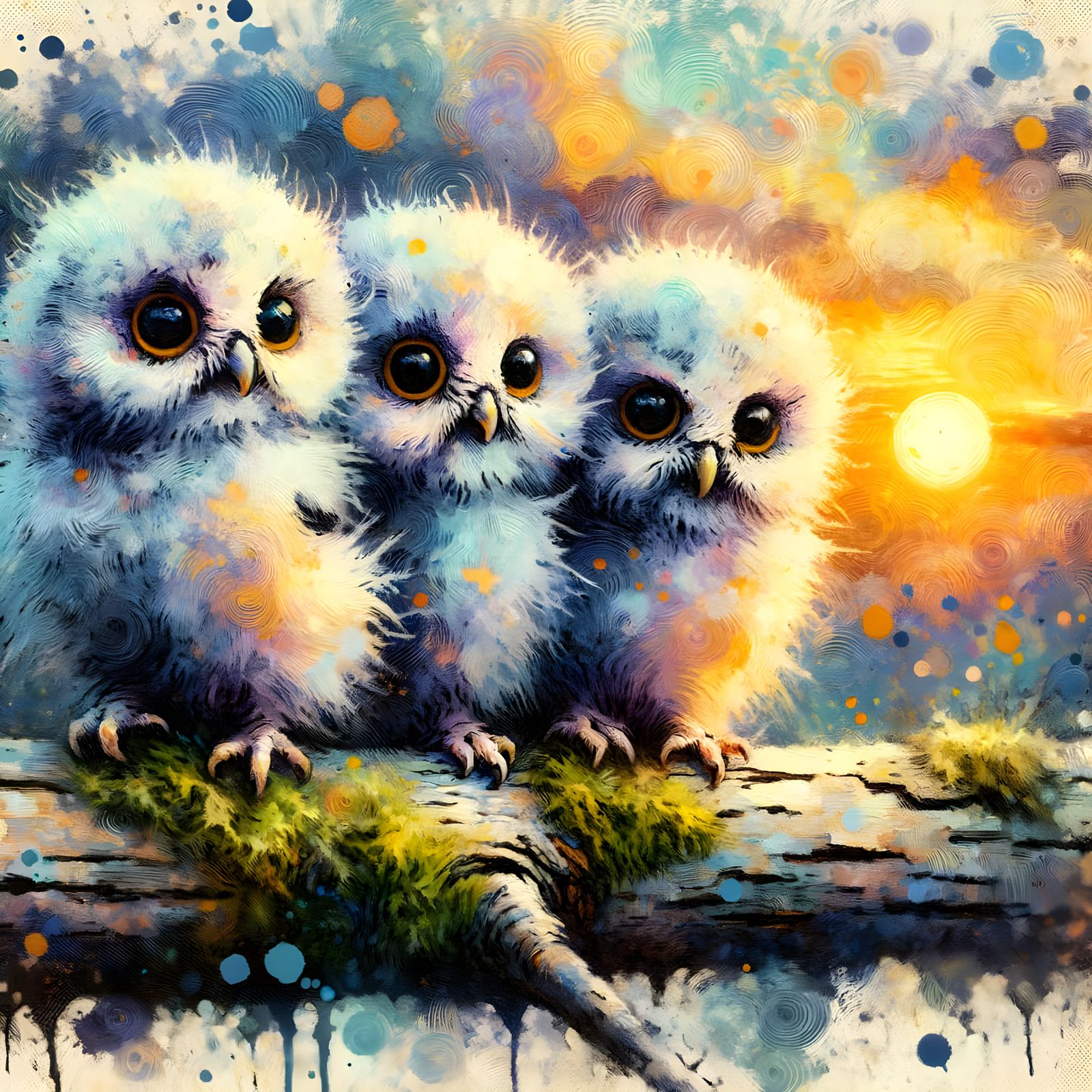 Fluffy Owlets in Expressionist Impasto Painting
