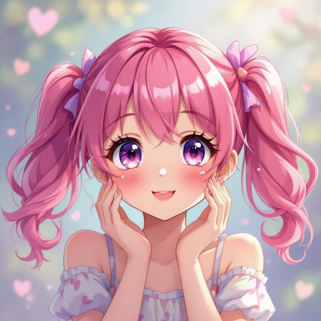 Cute Anime Girl with Pink Twin Tails - Uwu Face