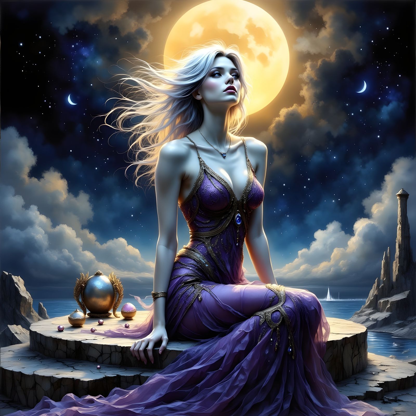 Ethereal Goddess Amidst Ruins in Gothic Elegance