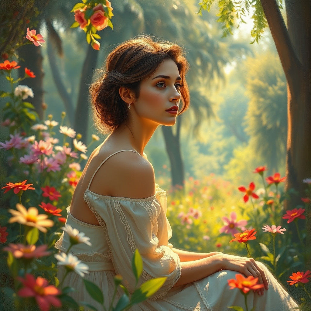 Woman in Lush Garden: Impressionist Style