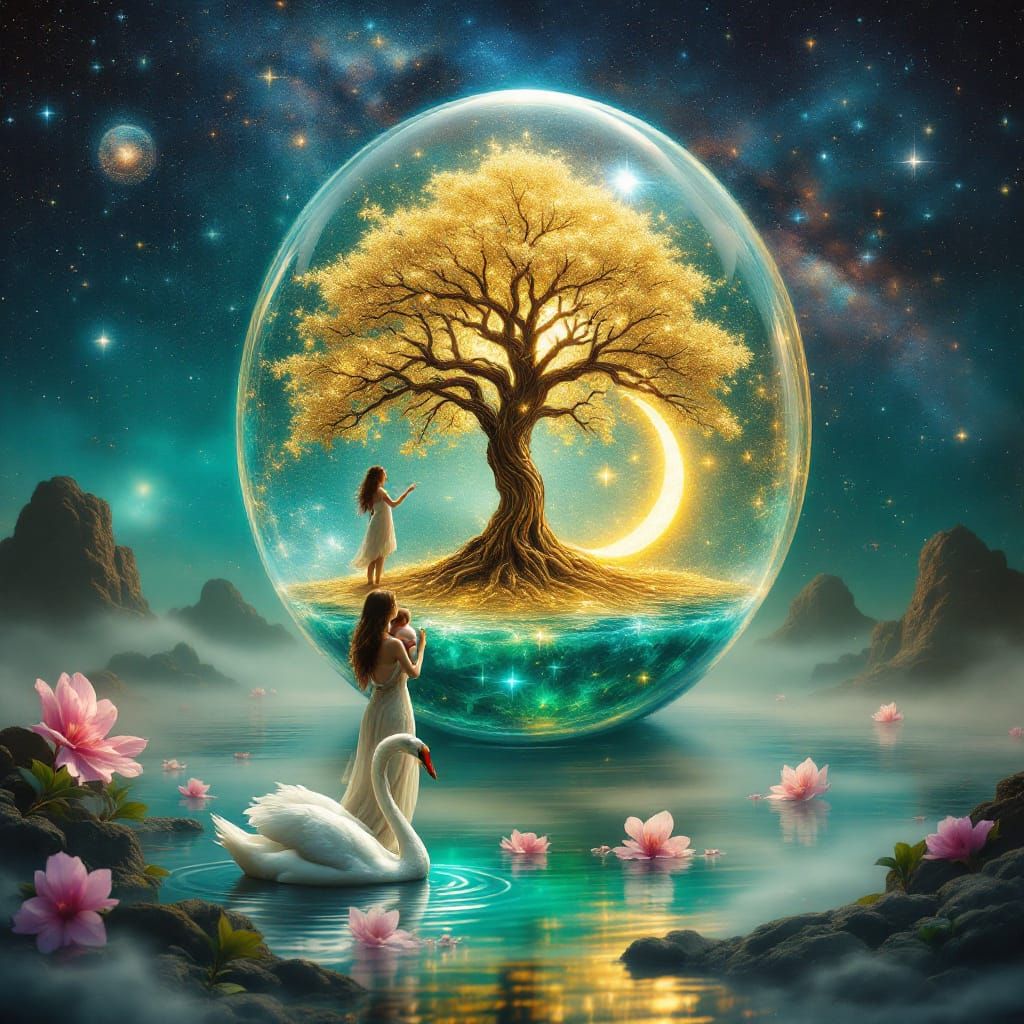 Surreal Galaxy in Glass Egg with Tree of Life and Moon