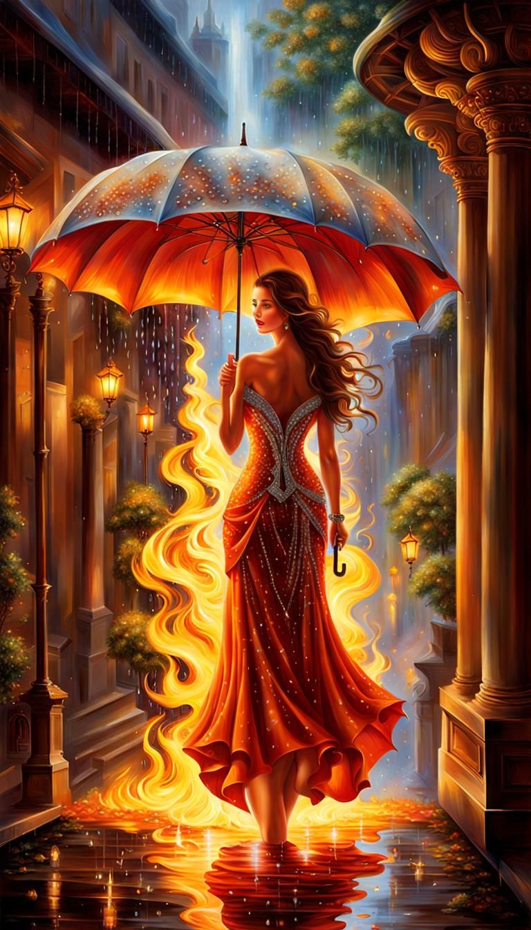 Enchanted Flame Figure with Diamond Rain Umbrella