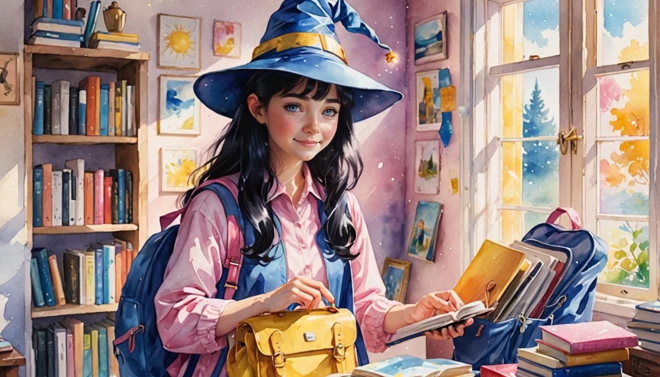 Young Wizard Packing Bookbag in Watercolor Style