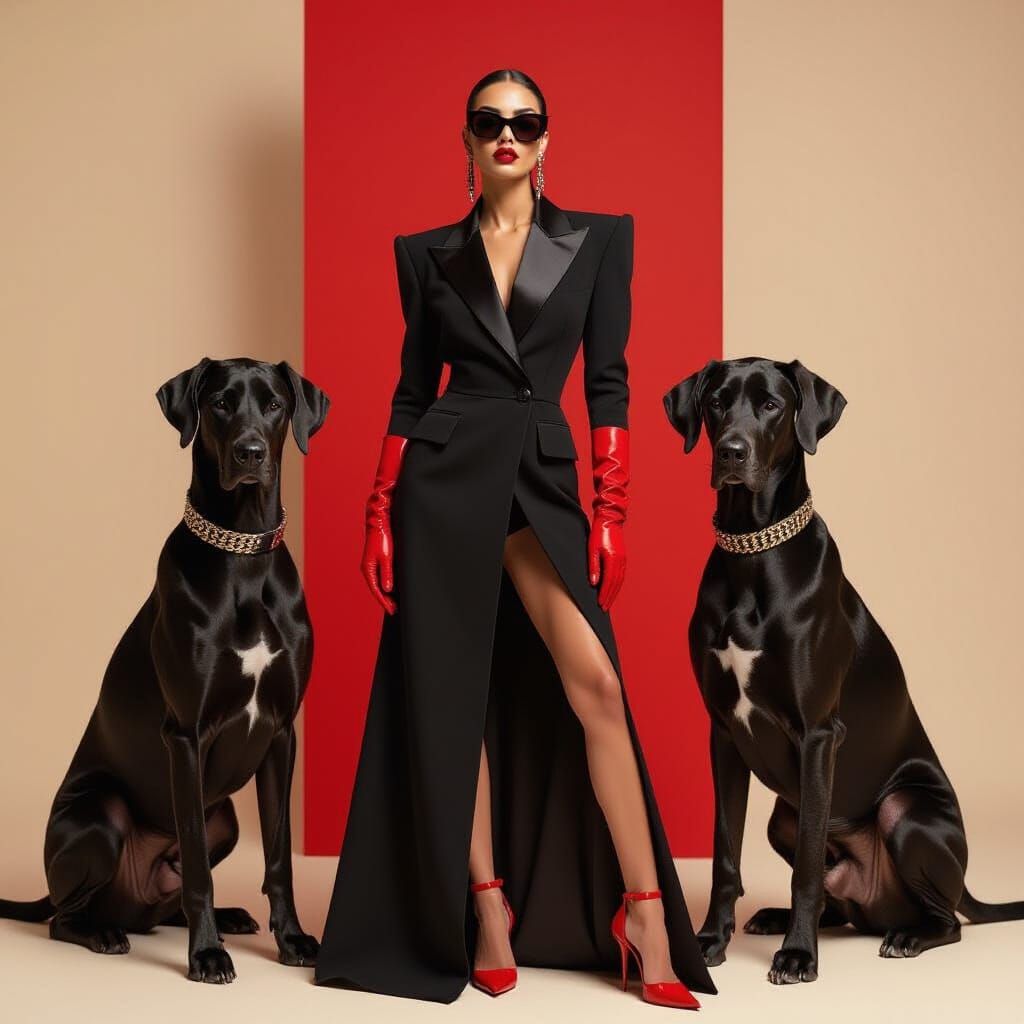 Latina Model in Couture with Great Danes