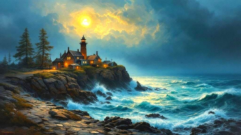 Moonlit Fishing Village on a Furious Sea