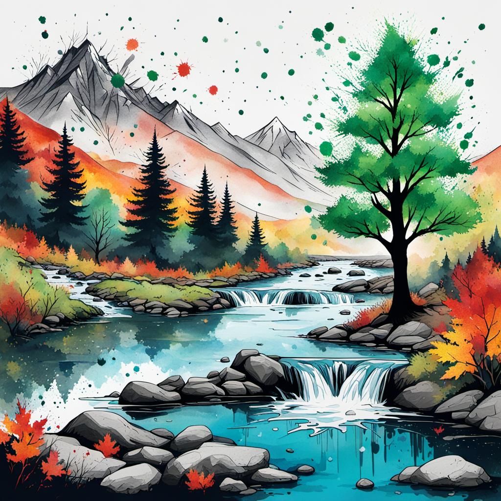 Ink Splatter Art of Tree by Stream
