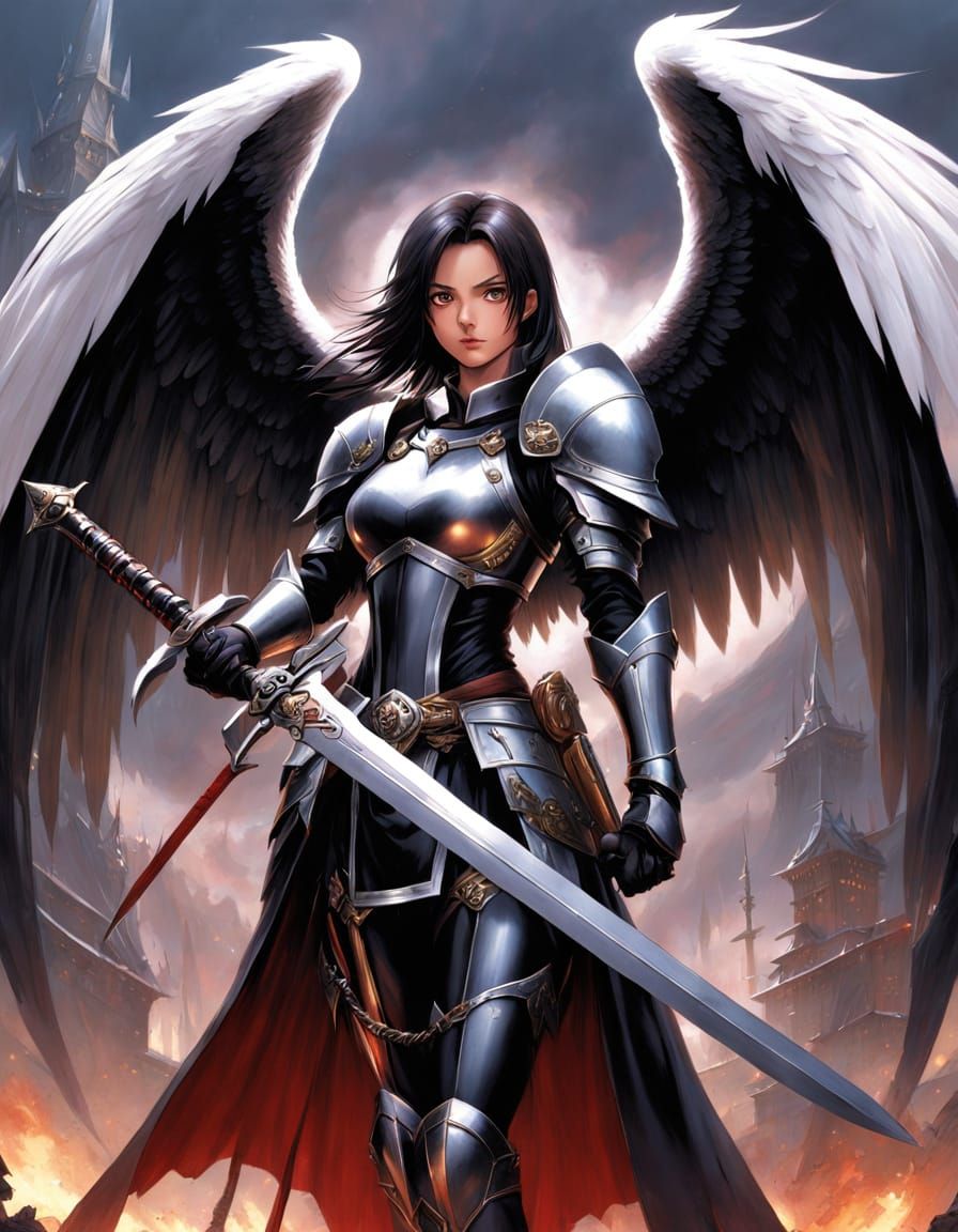 Epic gothic medieval battle angel, holding a sword, comic bo...