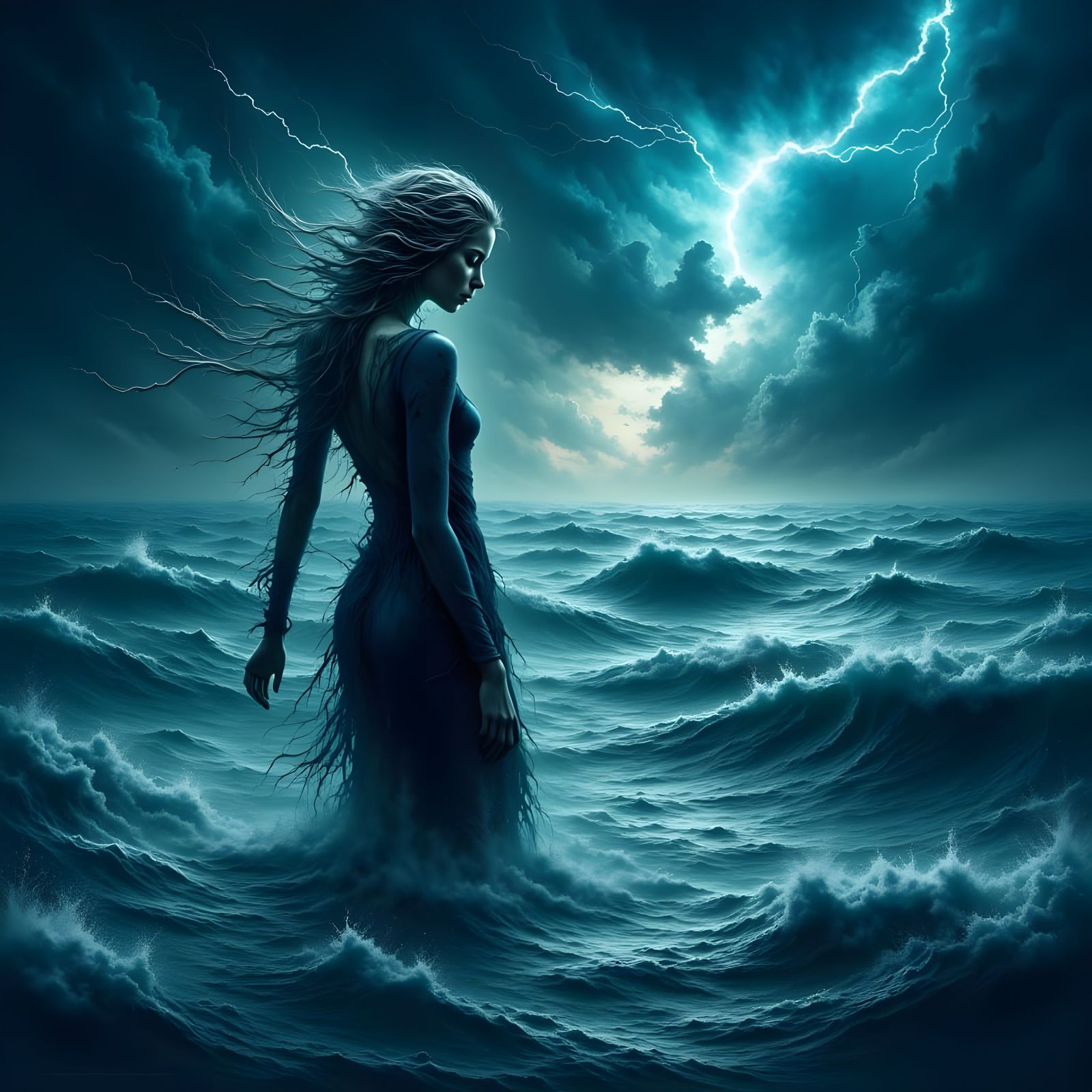 Norse Goddess of Storms in Majestic Oceanic Scene