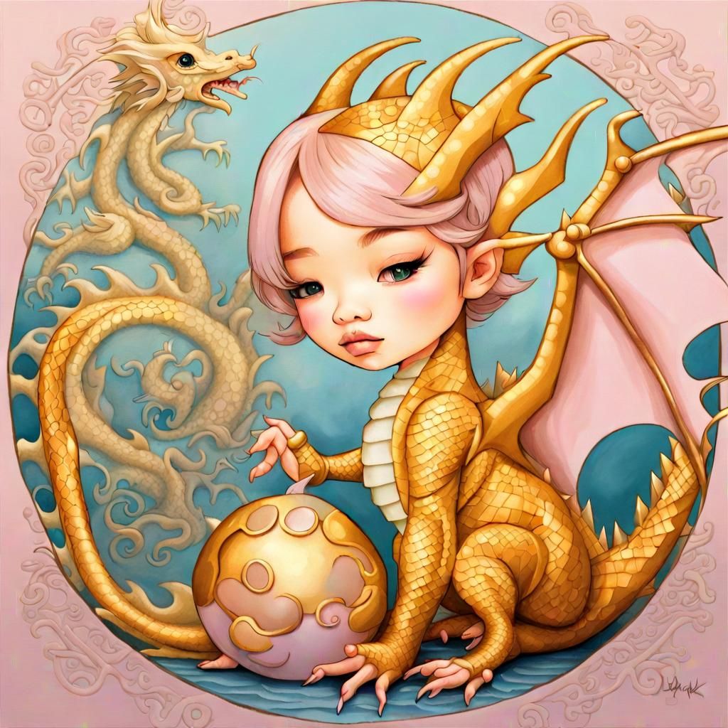 Golden Dragon Hatchling in Pastel Photorealism
