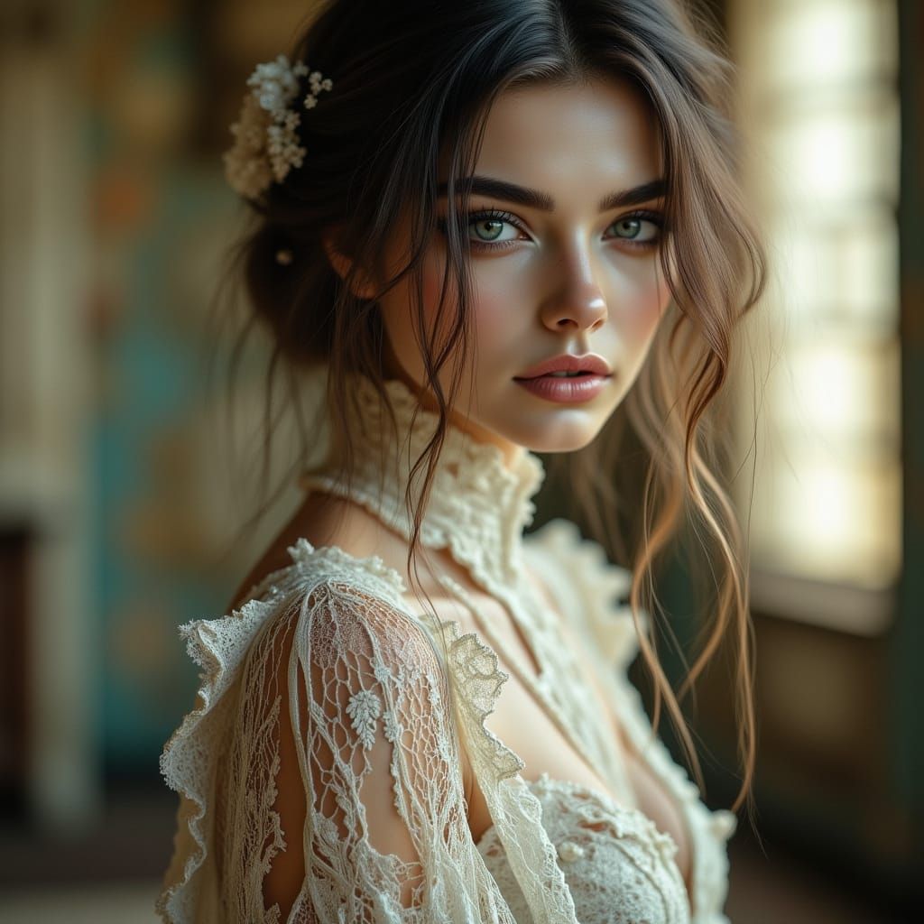 Ethereal Woman in Dreamy, Intricately Detailed Lace Attire