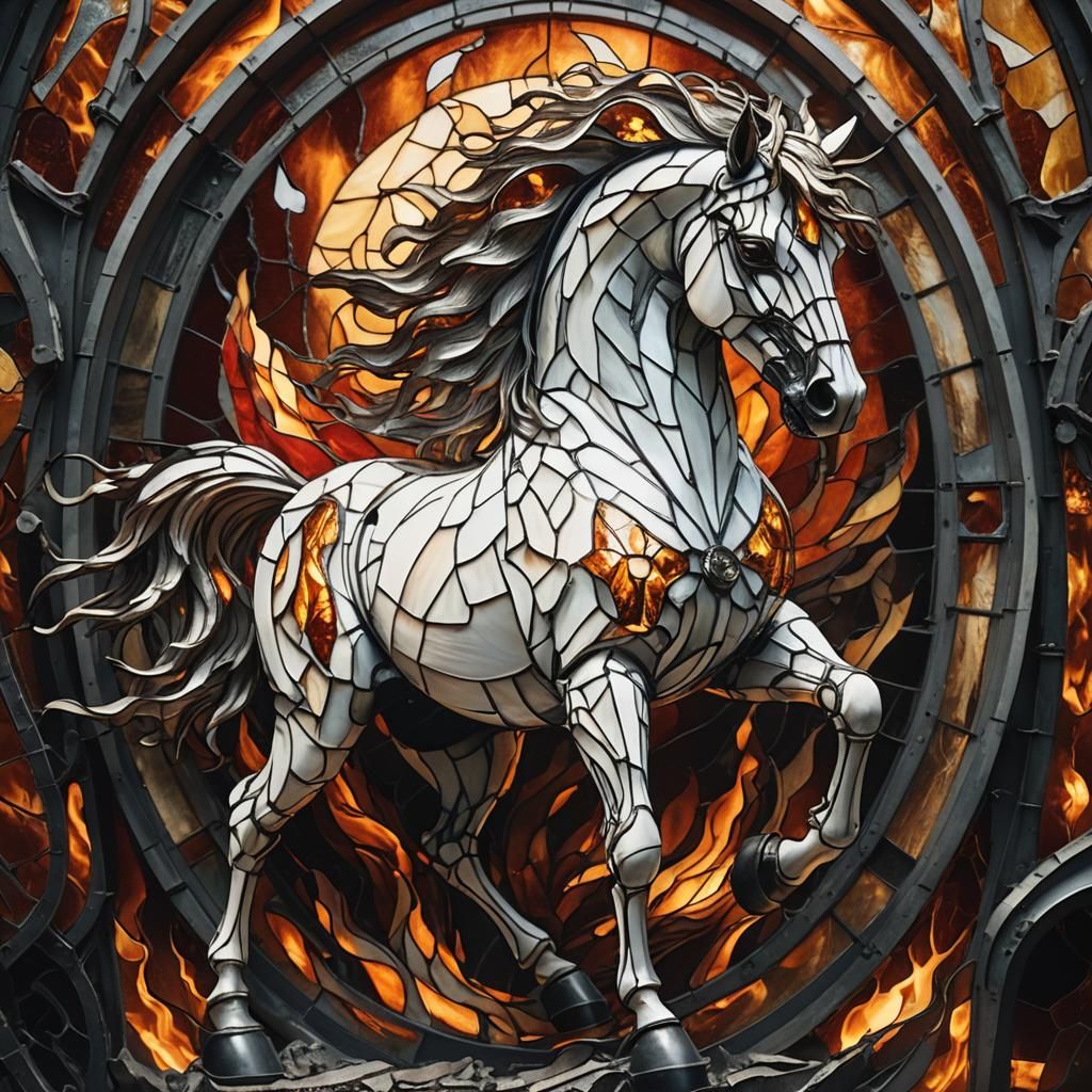 Biomechanical Horse with Fire Mane in Futuristic Style