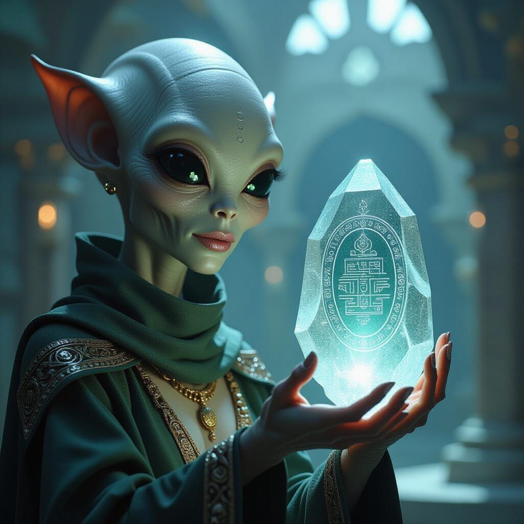 Alien Unlocks Emerald Tablet in Biomechanical Style