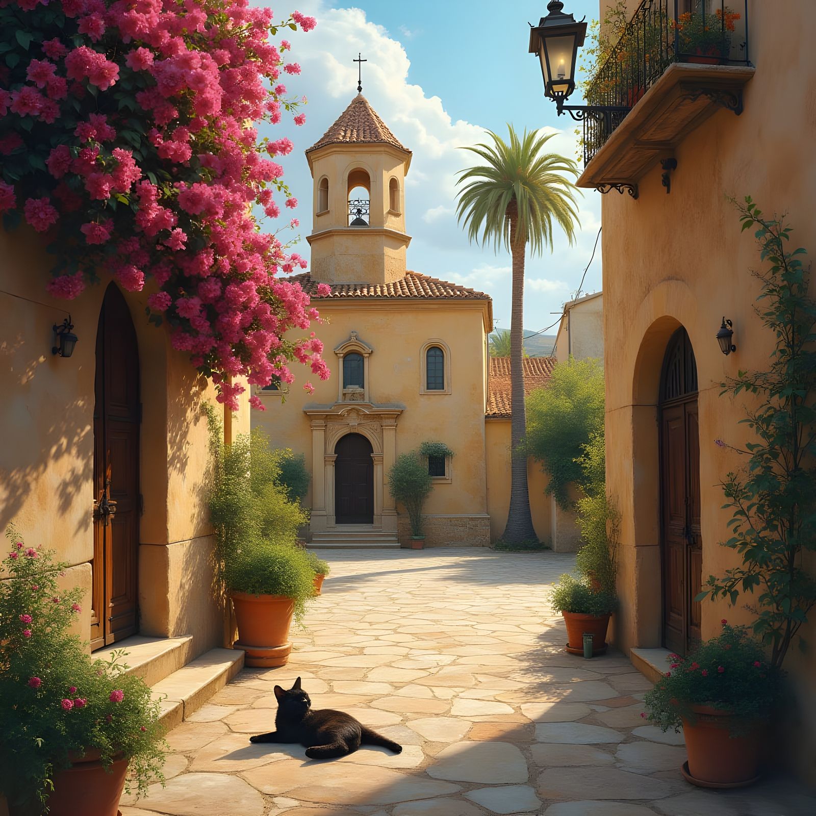 Serene Spanish Village Church with Bougainvillea and Cat in ...