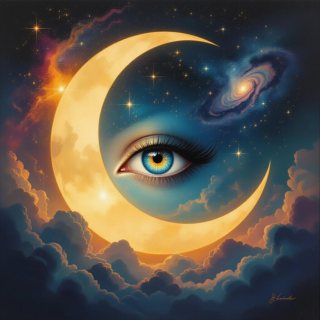 Ethereal Eye in Moon Mane Cosmic Oil Painting