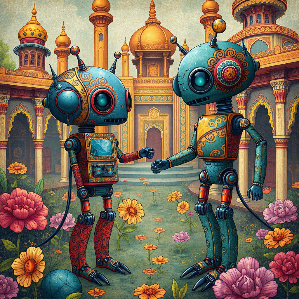 Whimsical Robots in Rajput Miniature Painting Style